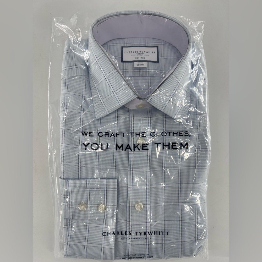 Charles tyrwhitt light blue pow check no-iron twill slim fit shirt 15.5/34in - Picture 2 of 11